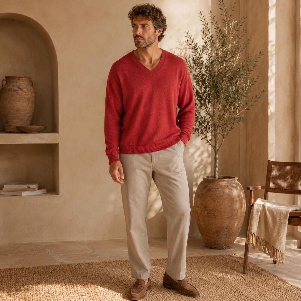 PERU UNLIMITED Mens Sweater XL Red Baby Alpaca Wool Knit V Neck PERU MADE